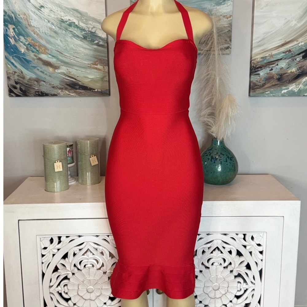 Red Bandage Halter Bodycon Dress Gold Zip Small